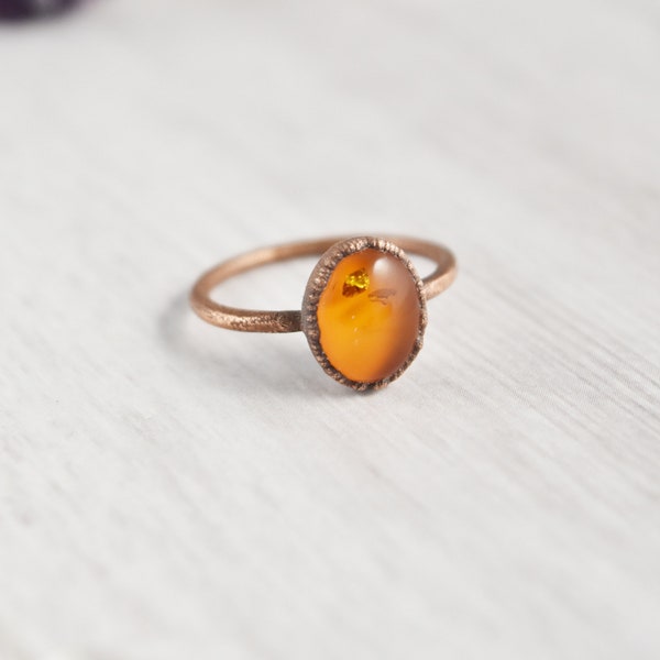 Size 7 Oval Natural Amber Ring, Gemstone Ring, Baltic Amber Jewelry, Copper Ring, Spiritual Healing Crystal Ring, Protection Stone Ring