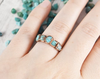 Raw Turquoise Ring, Stone Copper Ring, Rough Turquoise Jewelry, Natural Gemstone Ring, December Birthstone, Healing Crystal