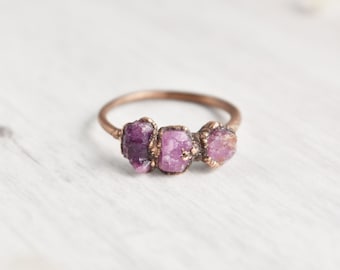 Size 7 Raw Ruby Ring, Stone Ring for Women, Natural Ruby Jewelry, July Birthstone Ring, Copper Crystal Ring, Three Gemstone Ring