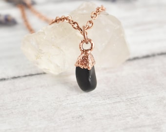 Raw Black Obsidian Necklace, Stone Pendant, Copper Necklace, Healing Crystal Necklace, Gemstone Necklace, Natural Black Obsidian Jewelry