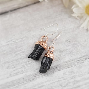Raw Black Tourmaline Earrings, Dangle Healing Crystal Earrings, Silver + Copper Earrings, Stone Earrings, Natural Black Tourmaline Jewelry