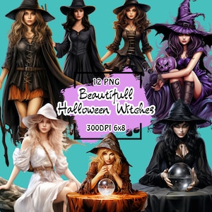 12 belles sorcières, femme, Halloween, clipart