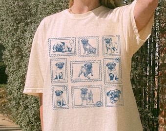 Pug Dog Vintage Stamp Comfort Colors® Shirt, Pug Dog Mom Collage Tee, Retro Cute Dog Tshirt, Gift for Dog Lover, New Puppy Owner Mama Dad