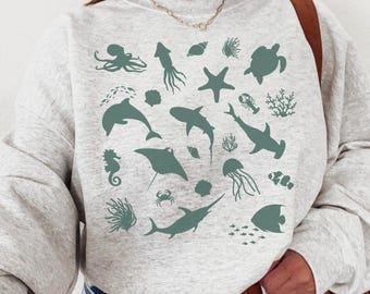 Marine Life Animals Collage Sweatshirt, Dolphin Shark Turtle Seashell Beach Sweater, Gift for Ocean Lover, Sea Star Coral Crewneck Shirt