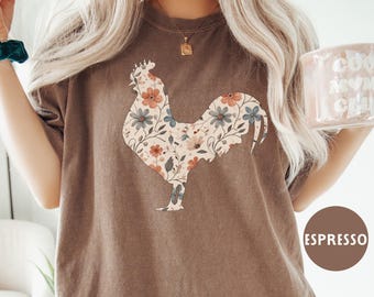 Floral Rooster Comfort Colors® Tee Shirt, Farm Lover Owner Mom T-shirt, Gift for Farmer, Cottagecore Boho Tshirt, Animal Graphic T Shirt