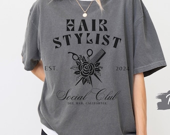 Custom Hairstylist Social Club Shirt, Hair Stylist Floral T-shirt, Gift for Hairdresser, Hair Salon Comfort Colors Tee, New Cosmetology Grad