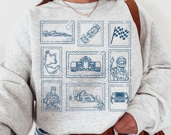 Vintage Formula 1 Stamp Collage Sweatshirt, Custom F1 Team Crewneck Sweater, Gift for Racing Lover Wife Mom Dad, Retro Sunday Race Day Shirt