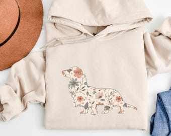 Floral Long Haired Dachshund Hoodie, Doxie Dog Mom Crewneck Sweatshirt, Cottagecore Wiener Dog Mama Shirt, Gift for Dog Lover, New Dog Owner
