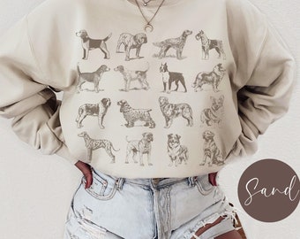 Vintage Dog Breeds Graphic Sweatshirt, Cute Dog Mom Sweater, Retro Dog Crewneck Shirt, Gift for Dog Lover Person, Womens Oversized Clothing