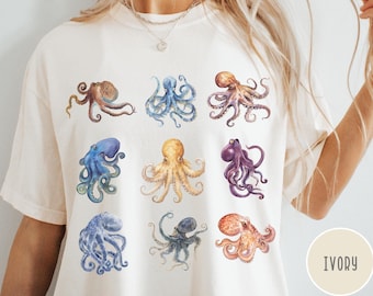 Nautical Octopus Graphic T-shirt, Comfort Colors Vintage Unisex Shirt, Gift for Marine Life Lover, Sea Animal Tee, Womens Oversized Clothing