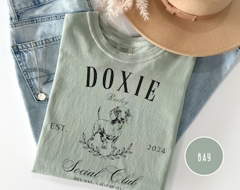 Dachshund Social Club Name Shirt, Custom Long Hair Doxie Dog Mom Tshirt, Gift for Wiener Lover, Dog Owner Mama Dad Gifts, Comfort Colors Tee