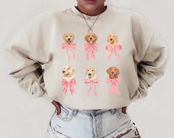 Coquette style Golden Retriever Sweatshirt, Pink Bow Dog Mom Crewneck Sweater, Cute Dog Lover Gift, Birthday Gift for Golden Dog Owner