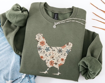 Floral Chicken Sweatshirt, Chicken Mom Sweater Shirt, Cottagecore Boho Wildflower Crewneck, Gift for Farm Owner, Chicken Lover Girl Gift