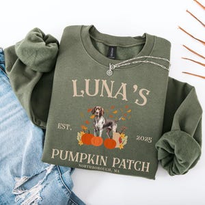 May include: An olive green sweatshirt with the text "LUNA'S PUMPKIN PATCH" and a graphic of a dog, pumpkins, and fall leaves. The sweatshirt is paired with blue jeans and a silver necklace.