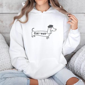 Funny Dachshund Dog Hoodie, Cute Doxie Mom Dad Crewneck Sweatshirt, Gift for Wiener Dog Lover, New Dog Owner Shirt, Sausage Dog Mama Gift White