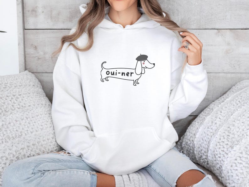Funny Dachshund Dog Hoodie, Cute Doxie Mom Dad Crewneck Sweatshirt, Gift for Wiener Dog Lover, New Dog Owner Shirt, Sausage Dog Mama Gift White