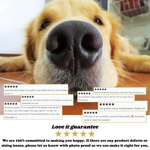 Puede incluir: Primer plano de la nariz de un golden retriever. El perro est&aacute; mirando directamente a la c&aacute;mara. La imagen se utiliza para promocionar un producto que garantiza la satisfacci&oacute;n del cliente. El texto "Love it guarantee" se muestra con cinco estrellas doradas.