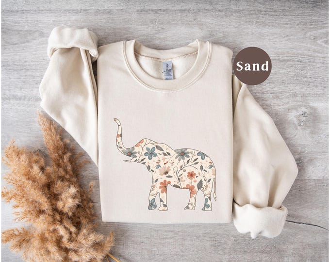 Floral Elephant Sweatshirt, Boho Safari Wildflower Sweater, Gift for Zoo Animal Lover, Cottagecore Boho Crewneck Shirt, Jungle Graphic