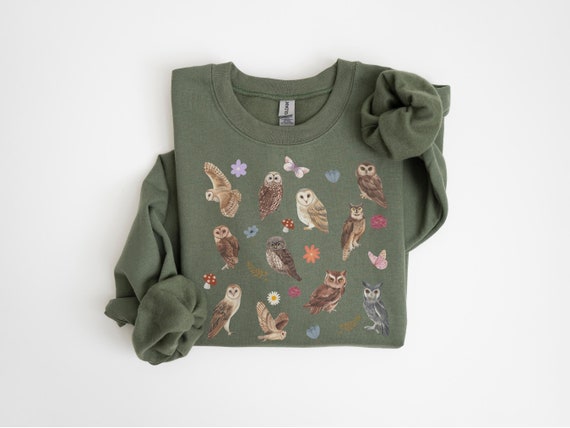 Owls Cottagecore Graphic Sweatshirt, Unisex Owl Pullover Sweater, Gift for Bird Lover, Wildflower Aesthetic Crewneck, Women Vintage Shirt