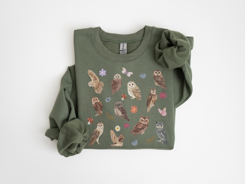 May include: A green sweatshirt with a print of owls, butterflies, and flowers. The owls are in various poses and colors, including brown, white, and gray.