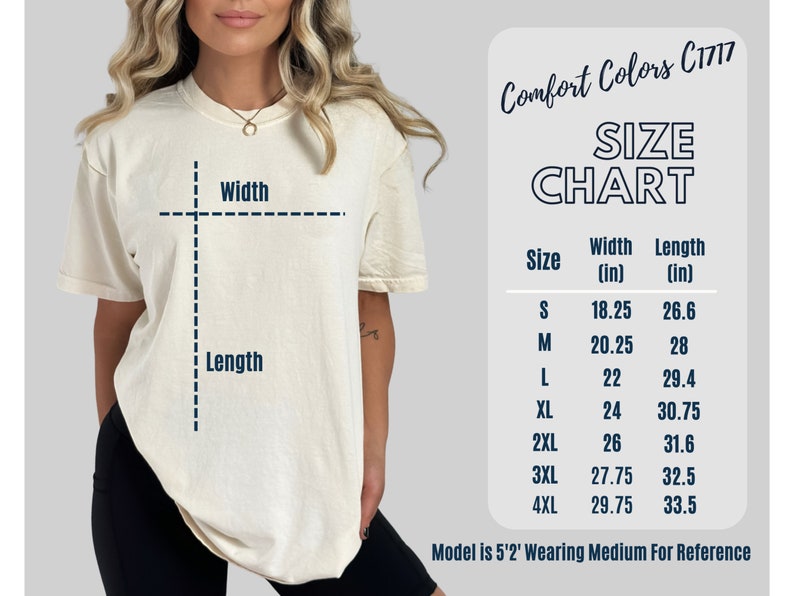 May include: Size chart for a t-shirt with measurements in inches. The chart shows the width and length of the shirt in sizes S, M, L, XL, 2XL, 3XL, and 4XL. The model is 5'2' and wearing a size Medium for reference.