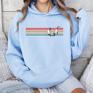 May include: Light blue hoodie featuring a graphic of two Siamese cats on a horizontal striped design in red, orange, yellow, and teal. The hoodie has a front pocket and a drawstring hood.