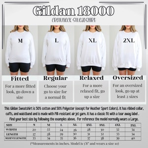 Puede incluir: Tabla de tallas para una sudadera con cuello redondo Gildan 18000. La tabla muestra el ancho, la longitud y la longitud de la manga en pulgadas para las tallas S a 5XL. La tabla tambi&eacute;n incluye una descripci&oacute;n del ajuste para cada talla: ajustado, regular, holgado y extragrande.