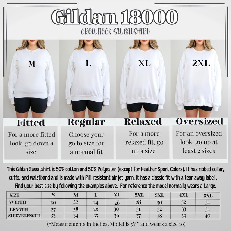 Puede incluir: Tabla de tallas para una sudadera con cuello redondo Gildan 18000. La tabla muestra el ancho, la longitud y la longitud de la manga en pulgadas para las tallas S a 5XL. La tabla tambi&eacute;n incluye una descripci&oacute;n del ajuste para cada talla: ajustado, regular, holgado y extragrande.