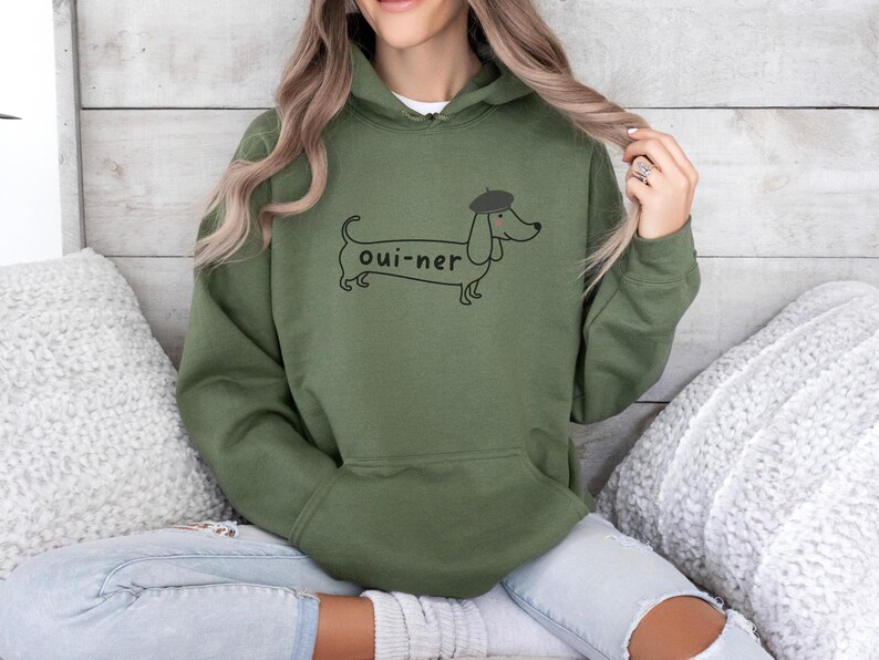 Funny Dachshund Dog Hoodie, Cute Doxie Mom Dad Crewneck Sweatshirt, Gift for Wiener Dog Lover, New Dog Owner Shirt, Sausage Dog Mama Gift Military Green