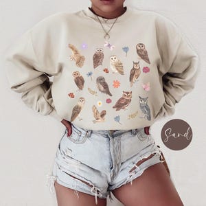 May include: A beige sweatshirt with a pattern of owls, flowers, and mushrooms. The sweatshirt has long sleeves and a crew neck.