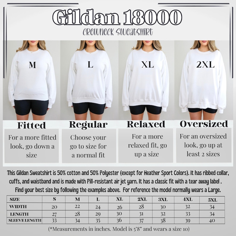 May include: Size chart for a Gildan 18000 crewneck sweatshirt. The chart shows the width, length, and sleeve length in inches for sizes S through 5XL. The chart also includes a description of the fit for each size: fitted, regular, relaxed, and oversized.