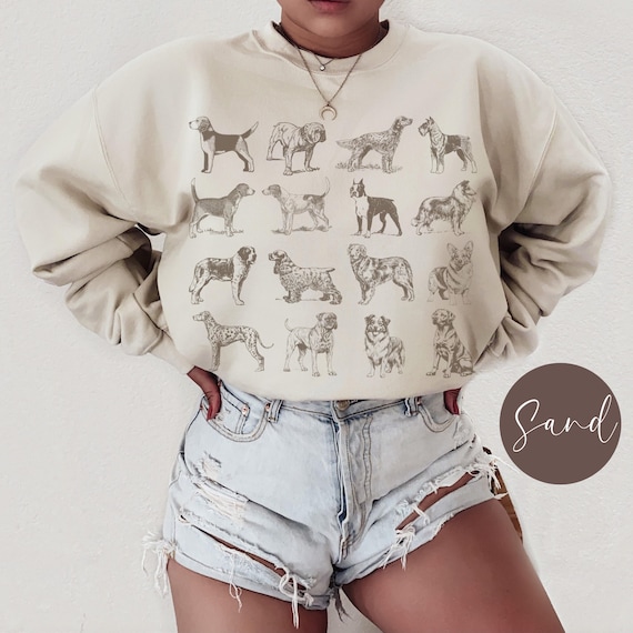 Vintage Dog Breeds Graphic Sweatshirt, Cute Dog Mom Sweater, Retro Dog Crewneck Shirt, Gift for Dog Lover Person, Womens Oversized Clothing