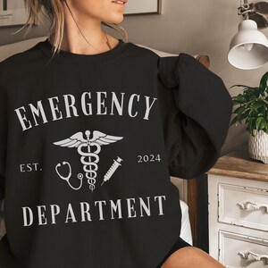 Custom Emergency Department Graphic Sweatshirt, Personalized ER Nurse Sweater, ED Crewneck Shirt, Gift for ER Tech, Er Room Doctor Staff Black