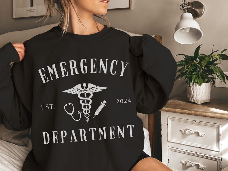 Custom Emergency Department Graphic Sweatshirt, Personalized ER Nurse Sweater, ED Crewneck Shirt, Gift for ER Tech, Er Room Doctor Staff Black