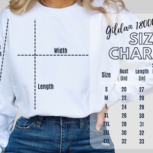 K&ouml;nnte beinhalten: Gr&ouml;&szlig;entabelle f&uuml;r Gildan 18000 Sweatshirts, mit Ma&szlig;en in Zoll f&uuml;r Brustumfang, L&auml;nge und &Auml;rmell&auml;nge f&uuml;r die Gr&ouml;&szlig;en S bis 4XL.