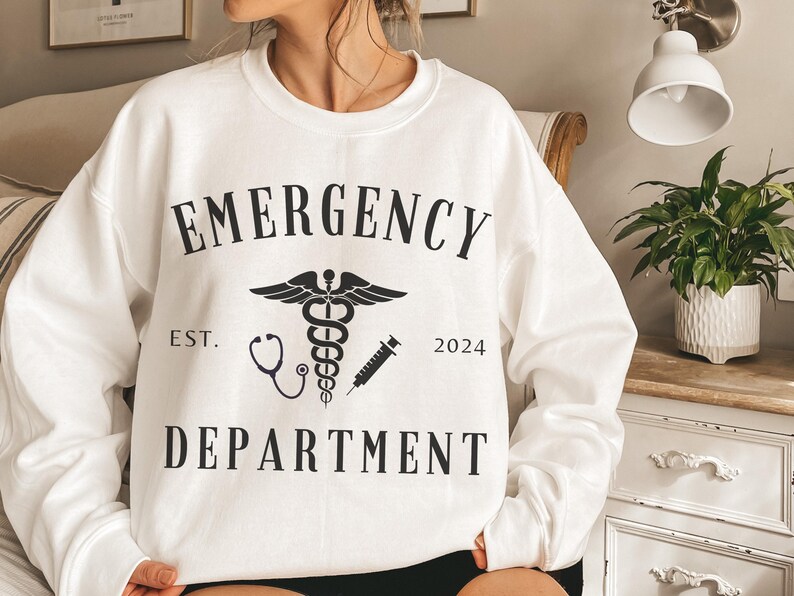 Custom Emergency Department Graphic Sweatshirt, Personalized ER Nurse Sweater, ED Crewneck Shirt, Gift for ER Tech, Er Room Doctor Staff White