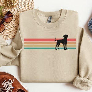 May include: A beige sweatshirt with a retro-style rainbow stripe design and a black silhouette of a dog.