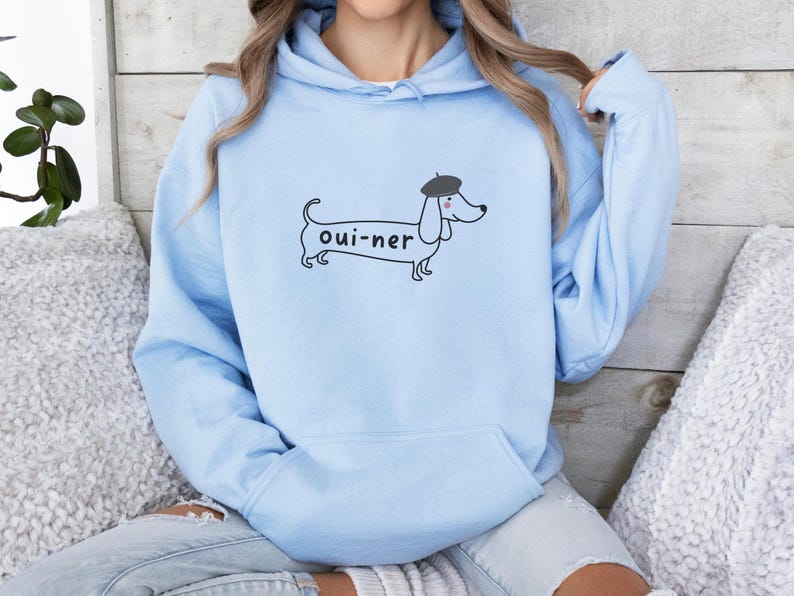 Funny Dachshund Dog Hoodie, Cute Doxie Mom Dad Crewneck Sweatshirt, Gift for Wiener Dog Lover, New Dog Owner Shirt, Sausage Dog Mama Gift Light Blue