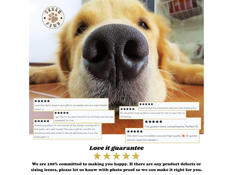 May include: Close-up of a Golden Retriever's nose, with a blurred background. The image includes customer reviews and the text "Love it guarantee". The logo "Urban Paws" is visible in the top left corner.