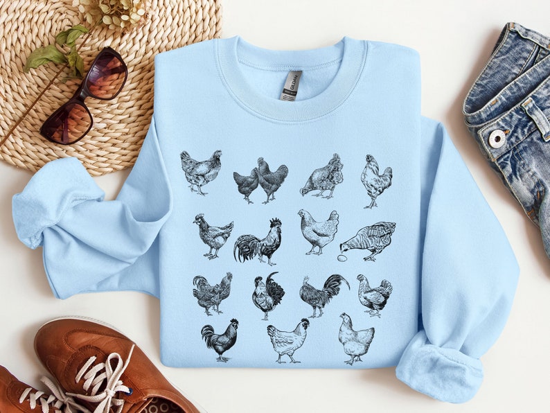 Vintage Chicken Sweatshirt, Chicken Mom Graphic Sweater, Chicken Mama Shirt, Gift for Chicken Lover, Retro Farm Animal Shirt, Cute Dad Tee Light Blue