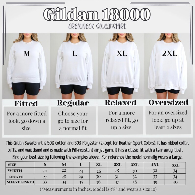 May include: Size chart for Gildan 18000 crewneck sweatshirts in sizes S to 5XL. The chart shows width, length, and sleeve length measurements in inches. The chart also includes descriptions of the fit for each size: fitted, regular, relaxed, and oversized.