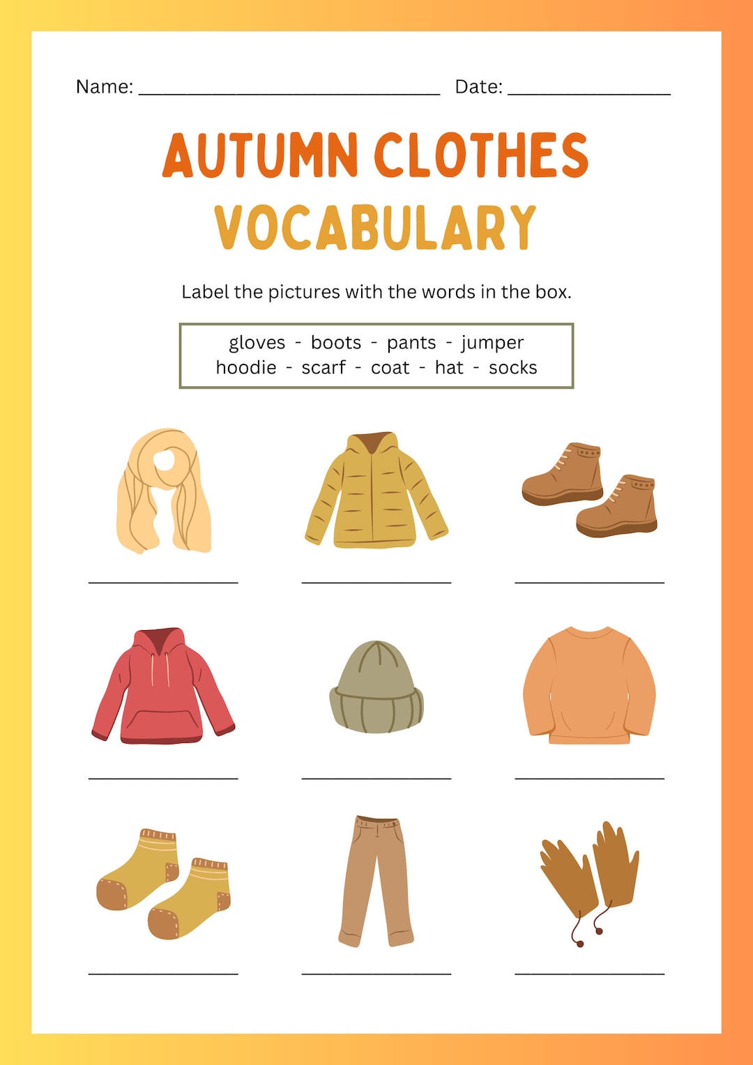 Montessori Fall Clothing Vocabulary Worksheet 