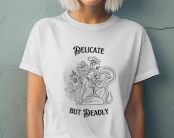 Delicate but Deadly Unisex Tee, Feminine Cool Graphic T-Shirt, Trendy Casual Wear, Gift for Friends, Stylish Summer Top, Unique Merchandise