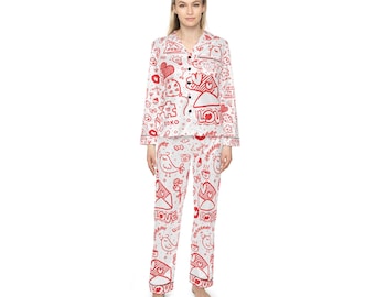 Valentine's Day Women's Satin Pajamas, Cute Doodle Pattern, Cozy Nightwear Set for Her, Romantic PJs, Sleepwear Gift for Girlfriend, Ladies'