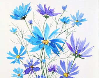 Regalo di pittura floreale per la festa della mamma, magnifico fascino di fiori cosmo viola e blu con acquerello/piccolo fiore di campo acquerello fatto a mano
