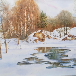 Original watercolor winter forest and melting snow lake scenery, Poplar trees scene, bare trees, Christmas winter wall art