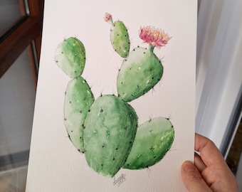 Arte originale del deserto ad acquerello / Dipinto doppio cactus blu e verde