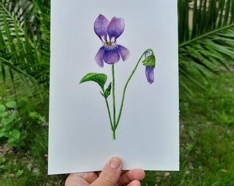 Oryginalny fioletowy obraz akwarelowy, sztuka kwiatowa narodzin lutego