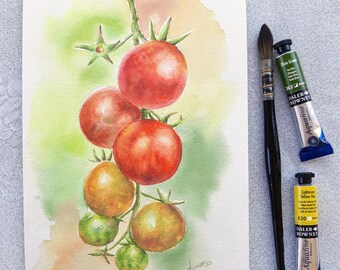 オリジナル水彩画、トマトのオリジナルアートワーク、庭の水彩画