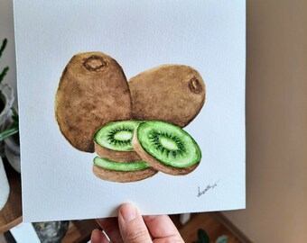 Original Watercolor kiwi painting, green fruit wall art, Kitchen wall decor